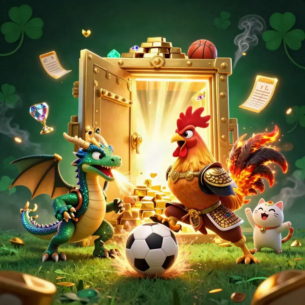Rooster warrior, dragon hatchling, and fortune-cat amid gold, vault light, and a frozen soccer kickoff.