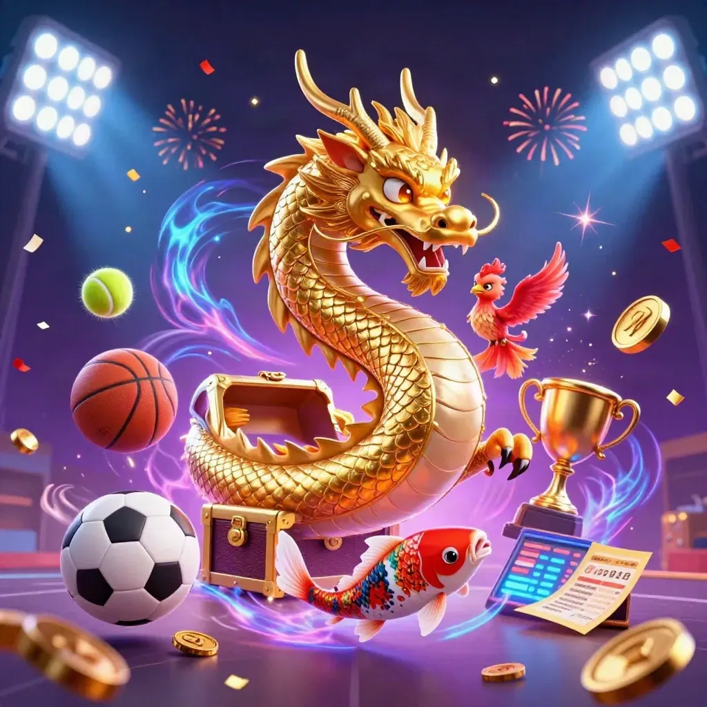 Golden dragon, phoenix, balls, trophy, coins, and stadium lights in neon casino fantasy.