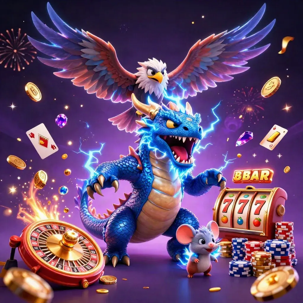 Thunder dragon, wind hawk, and static mouse amid coins, reels, and neon casino lightning