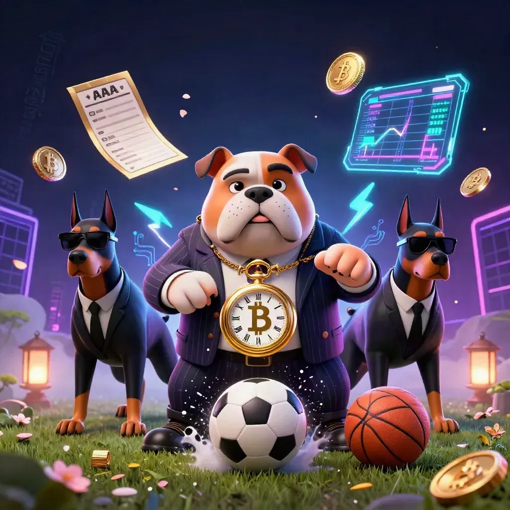 Bulldog boss and two Dobermans with glowing crypto coins, balls, and neon sports effects.