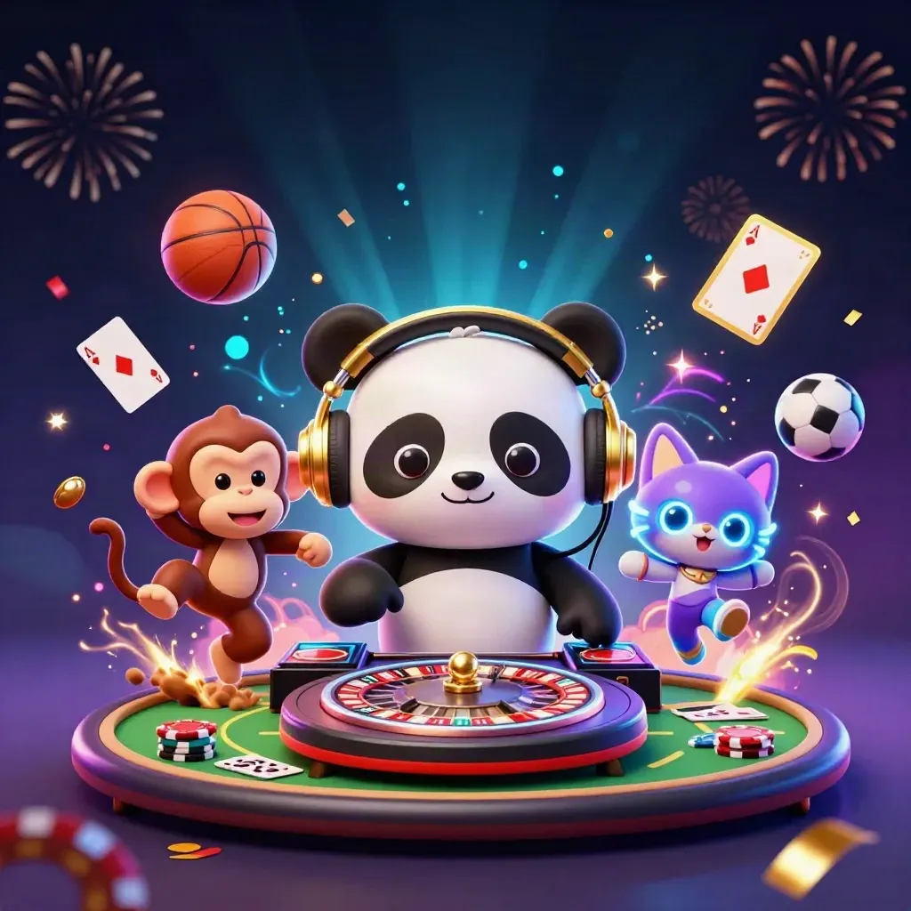 DJ panda, breakdancing monkey and glow-stick kitten amid casino chips, cards and neon sports balls
