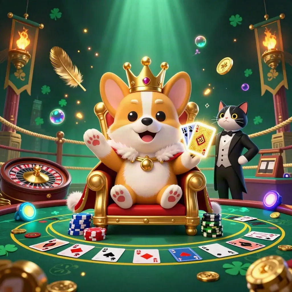 Royal corgi and cat butler amid casino luxury, chips, gold, smoke, and neon glow.