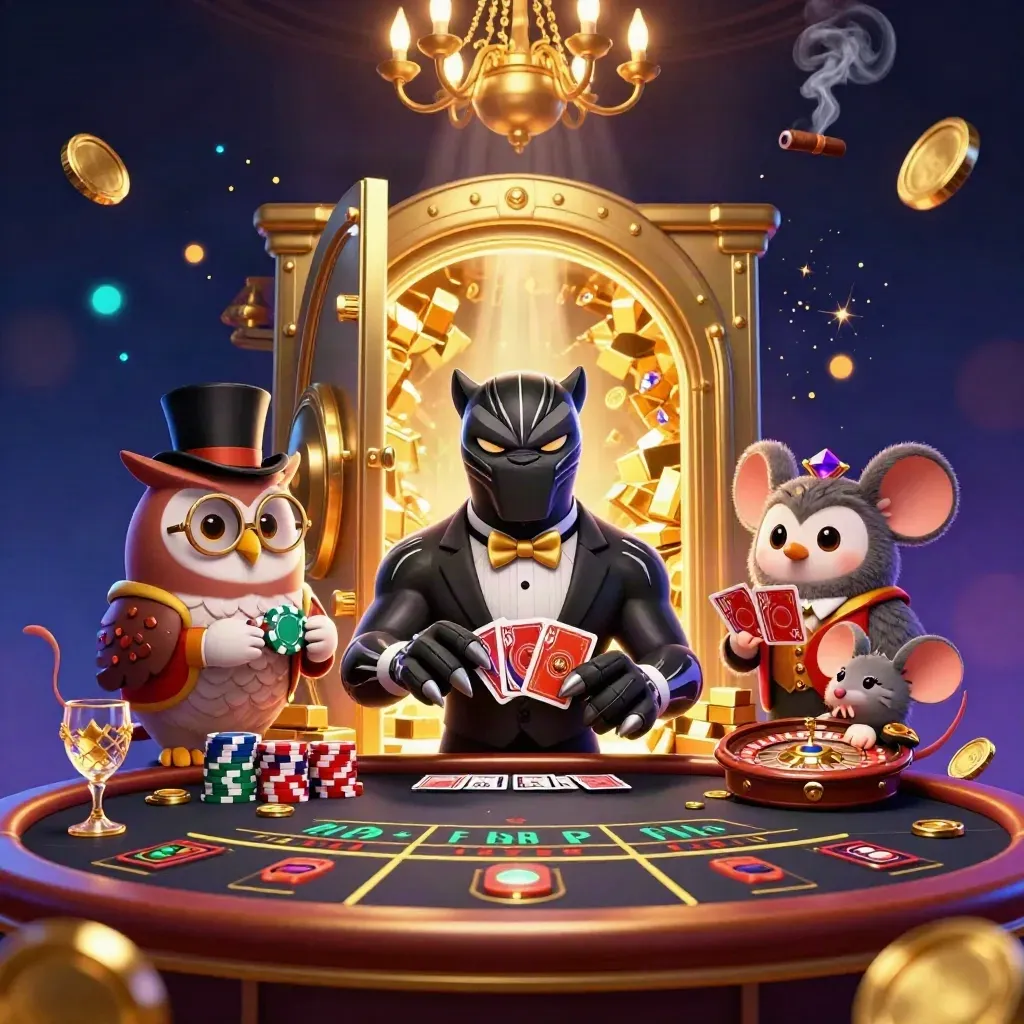Black panther, owl, and mouse in a luxe casino vault scene with gold, jewels, and neon glow.