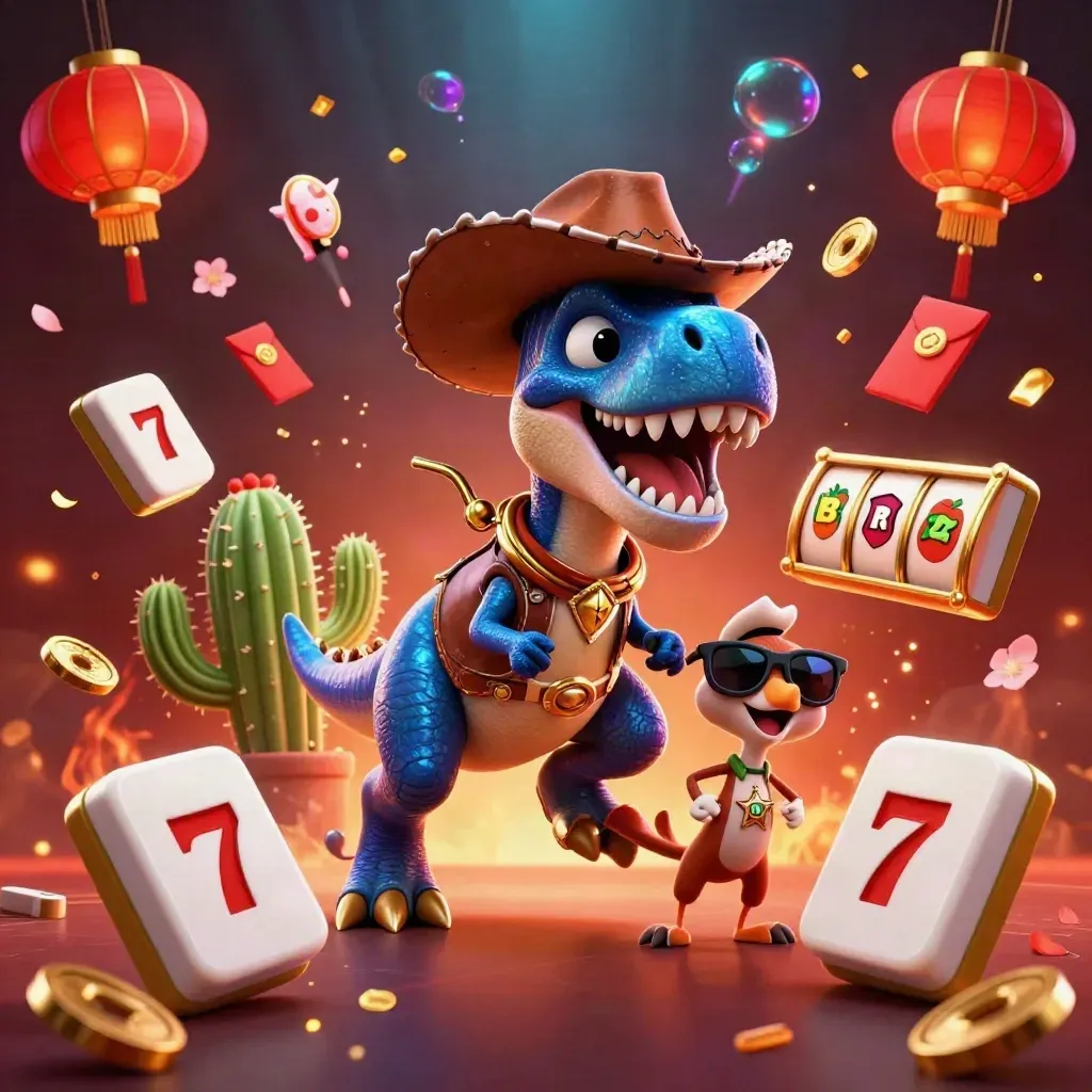 Cowboy T-Rex, cactus sidekick, and roadrunner explode through neon casino treasure.