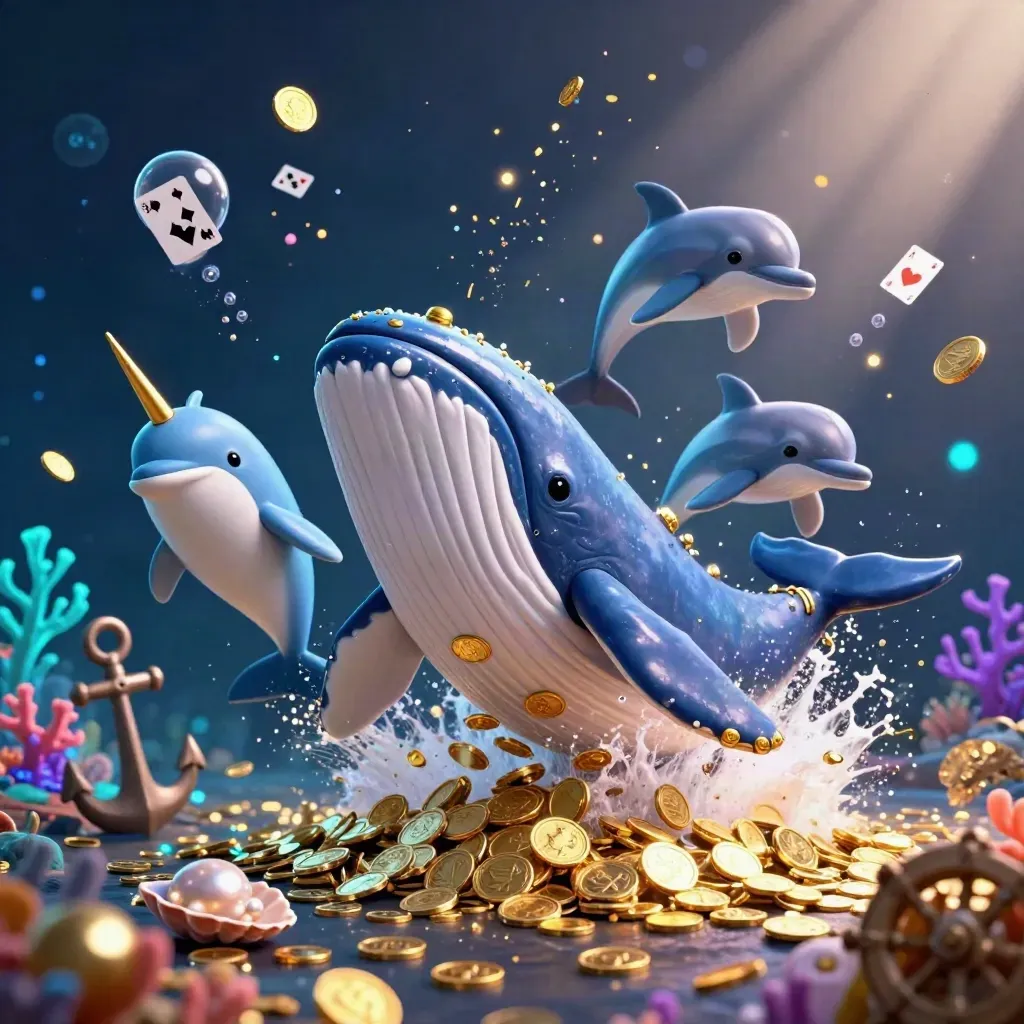 Cartoon whale captain, narwhal and dolphins bursting from coins in a glowing treasure cove.