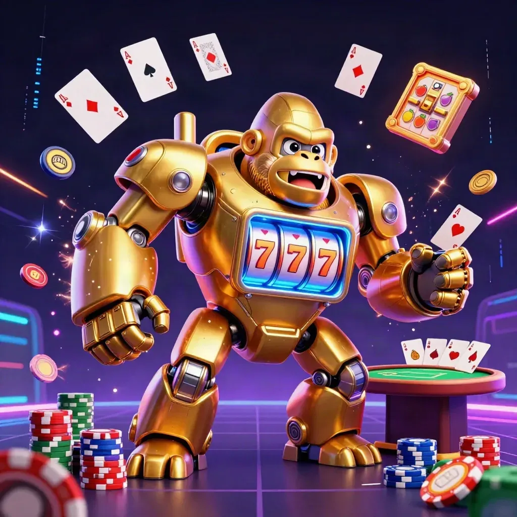 Golden gorilla mech with tiny monkey pilot, poker chaos, neon slot effects in a dark casino arena.