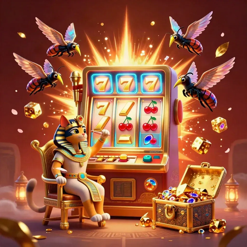 Pharaoh cat, ibis scribe and scarabs burst around a glowing slot machine and treasure chest.