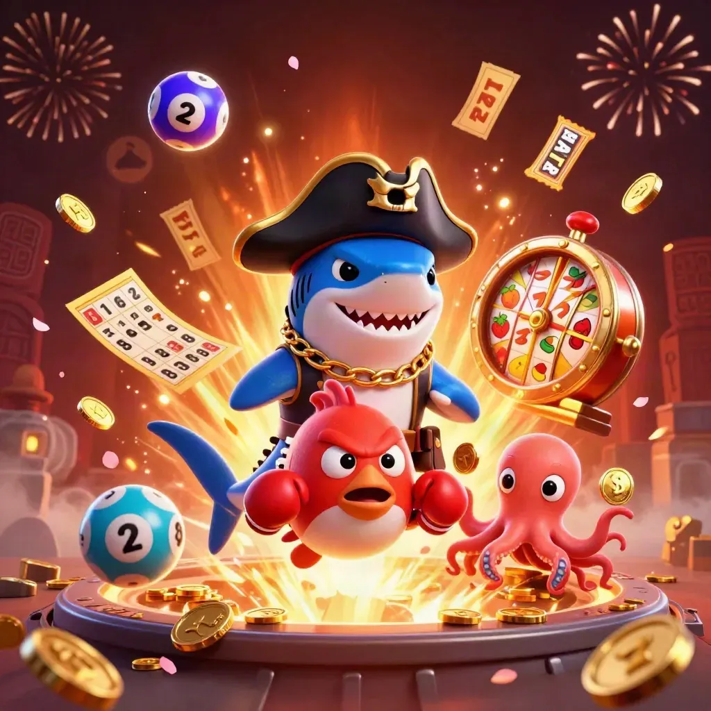 Pirate shark, boxing pufferfish, and juggling octopus amid casino bursts and glowing coins.
