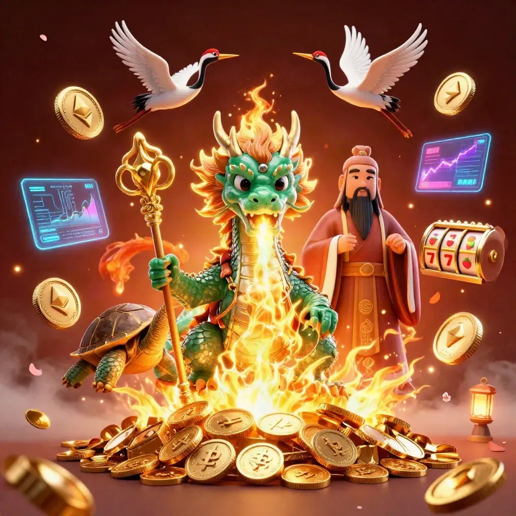 Jade dragon, turtle sage, and cranes amid coins, lightning, and casino treasure burst.