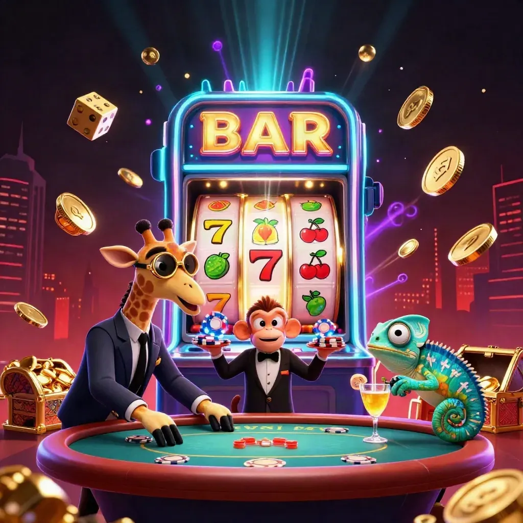 Cartoon giraffe, monkey, and chameleon amid exploding slots, coins, and gold in neon casino light.