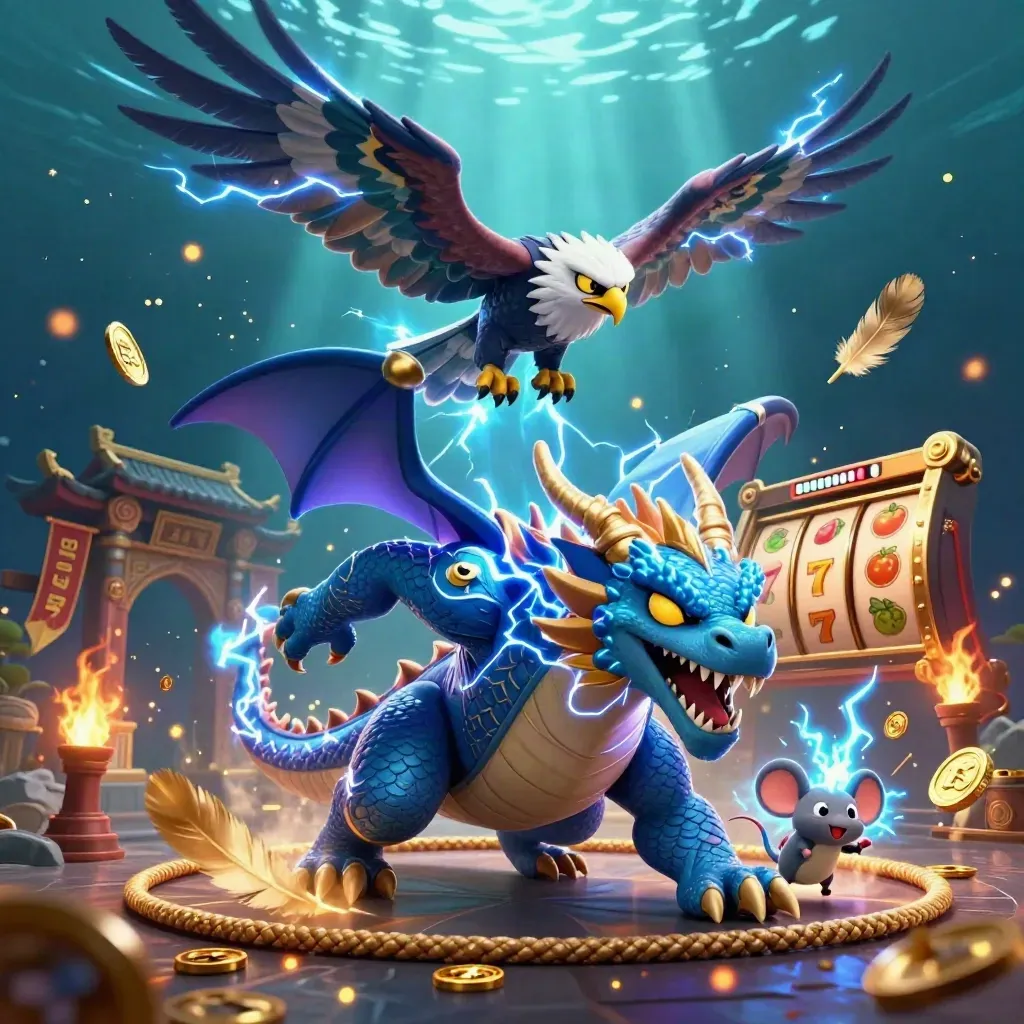 Thunder dragon, wind hawk, and static mouse amid casino relics and lightning.
