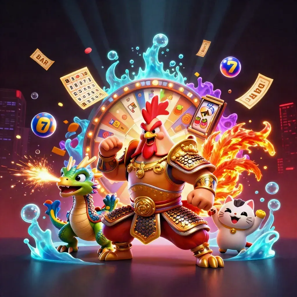 Rooster warrior, spark-breathing dragon hatchling, and fortune-cat amid casino loot and neon glow.