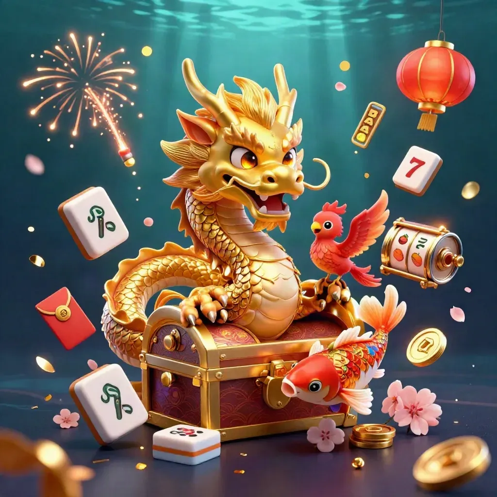Golden dragon, phoenix, and koi surrounded by slot symbols and treasure on a dark glowing background.