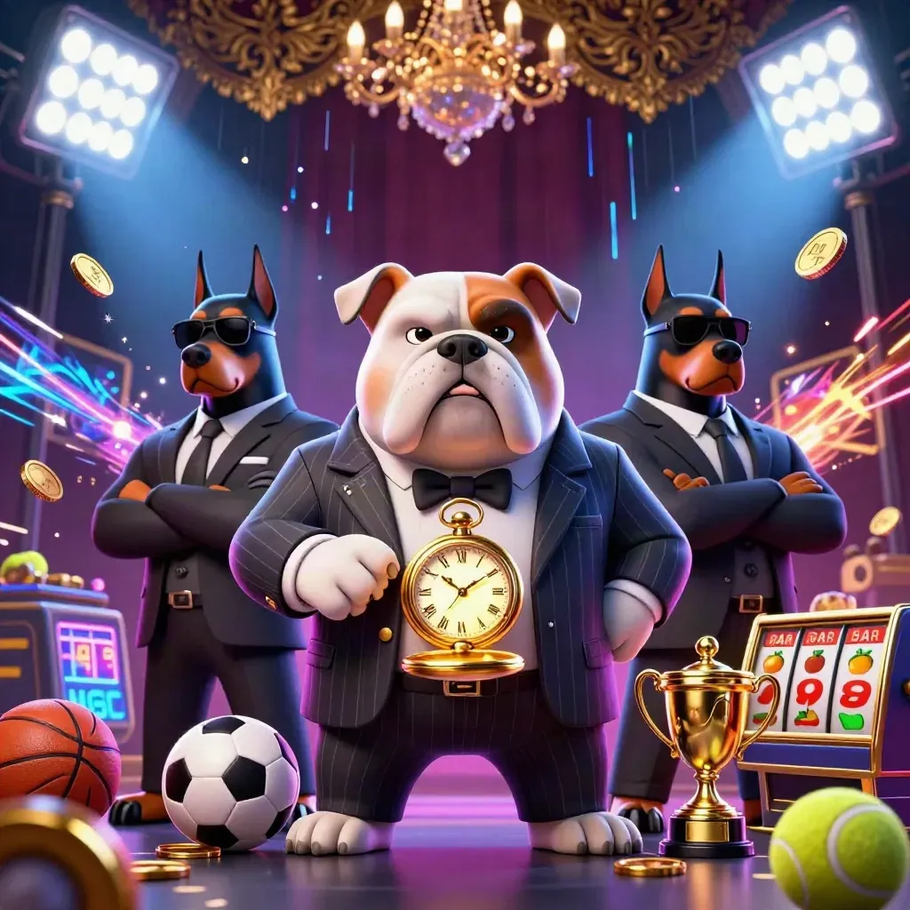 Bulldog boss with two Doberman guards amid casino sports chaos, gold coins, neon beams