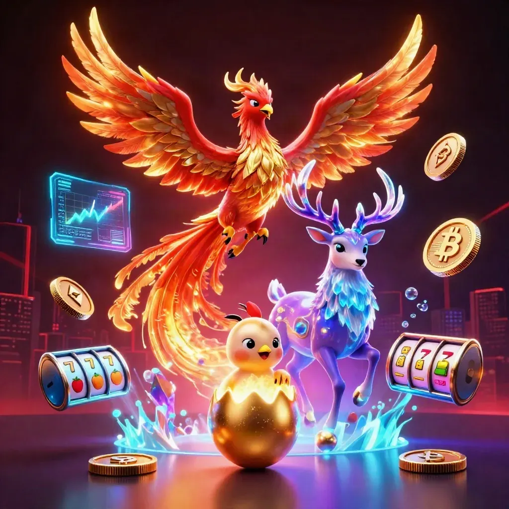 Fire phoenix, hatching chick, and crystal stag amid casino coins, reels, and neon lightning.